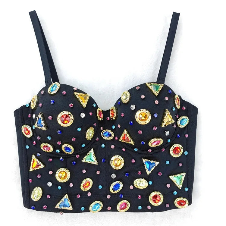 The Stardust Prism Siren – Glitter Crystal Bustier Corset Crop Top