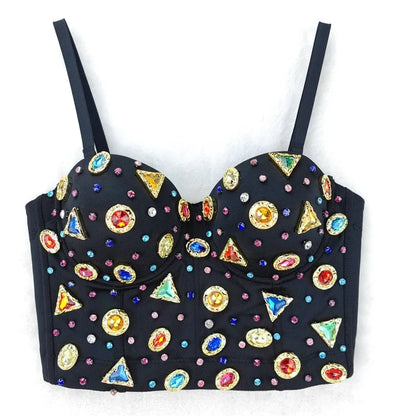 The Stardust Prism Siren – Glitter Crystal Bustier Corset Crop Top