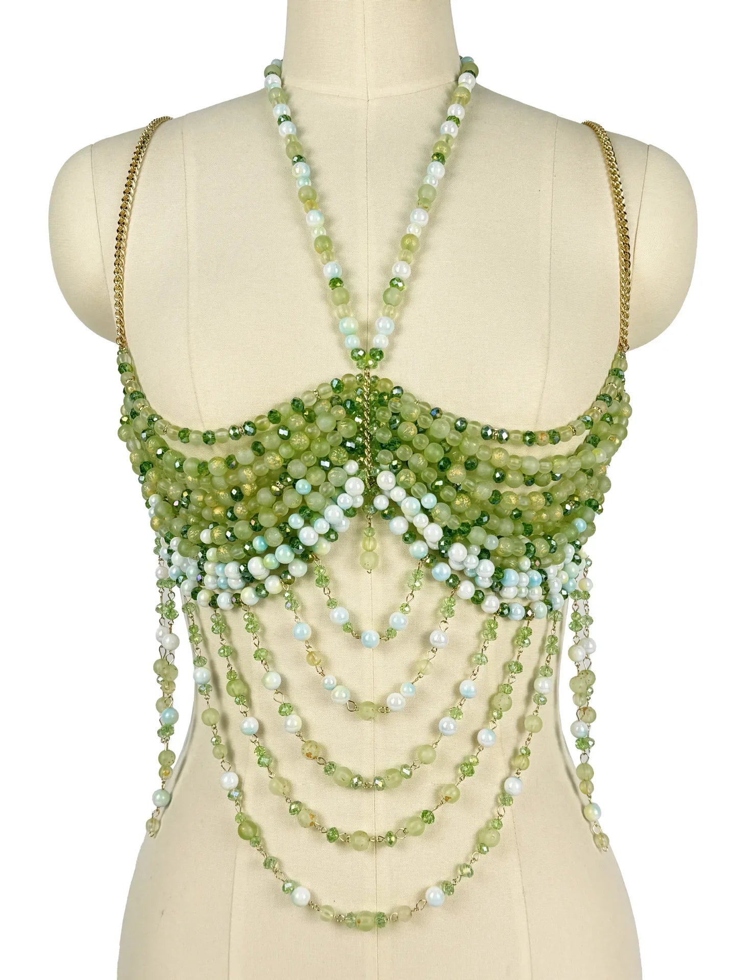 The Stardust Emerald Goddess – Handmade Green Rhinestone & Beaded Tassel Body Chain Halter Top