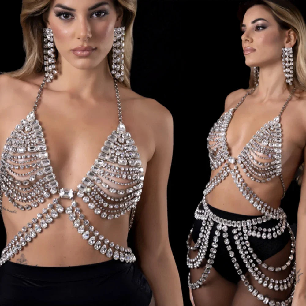 Exaggerated Layered Crystal Body Chain Set – Shimmering Rhinestone Bra Top & Fringe Skirt Set for Raves, Festivals & Exotic Clubwear