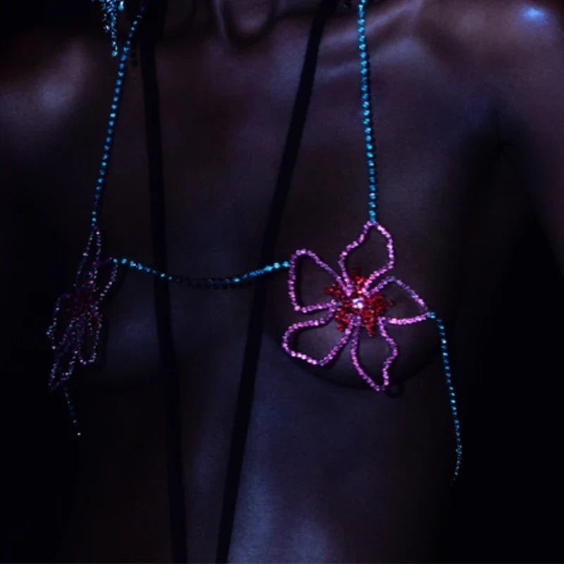 Bohemian Flower Crystal Chest Chain Bra – Luxury Rhinestone Body Harness & Exotic Lingerie for Music Festivals, Raves & Clubwear