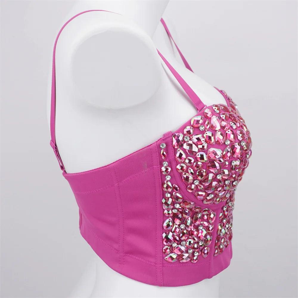 The Stardust Prism Siren – Glitter Crystal Bustier Corset Crop Top
