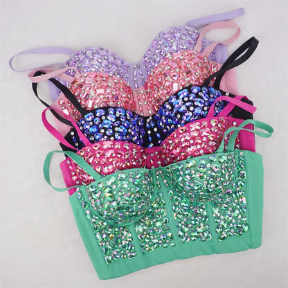 The Stardust Prism Siren – Glitter Crystal Bustier Corset Crop Top