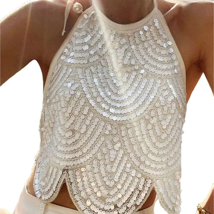 Women Solid Color Halter Top Tie-up Sleeveless Crop Tops Sleeveless Backless Sequined Summer Vest for Club Party