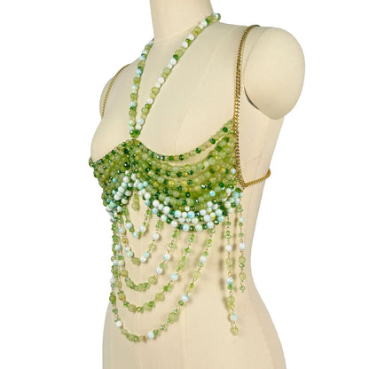 The Stardust Emerald Goddess – Handmade Green Rhinestone & Beaded Tassel Body Chain Halter Top