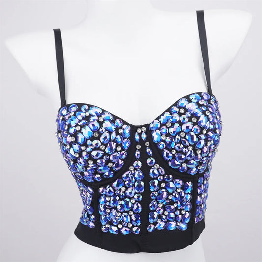 The Stardust Prism Siren – Glitter Crystal Bustier Corset Crop Top