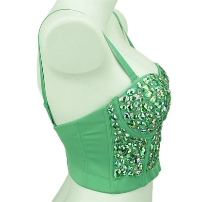 The Stardust Prism Siren – Glitter Crystal Bustier Corset Crop Top