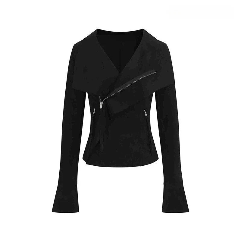 Vintage Turn Down Collar Cropped Jackets Women Harajuku Punk Slim Fit Coat Streetwear Pocket Zipper Y2k Aesthetic Grunge Outwear
