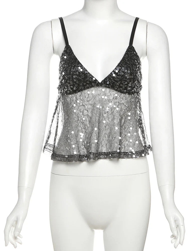 Weird Puss Sequins Patchwork Mesh Camisole Women v-Neck Sexy Backless Summer Trend Street Midnight Versatile Hottie Classic Tops