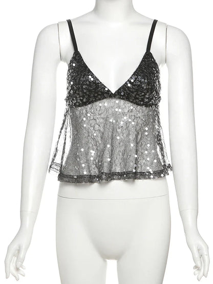 Weird Puss Sequins Patchwork Mesh Camisole Women v-Neck Sexy Backless Summer Trend Street Midnight Versatile Hottie Classic Tops
