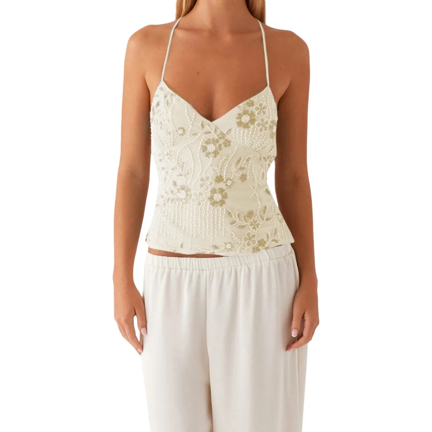 hirigin Sequin Halter Crop Tops for Women Y2k Pearl Embellished Cami Tops Summer Glitter V Neck Rhinestone Camisole Tank Shirt