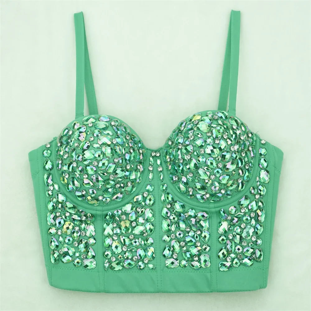 The Stardust Prism Siren – Glitter Crystal Bustier Corset Crop Top