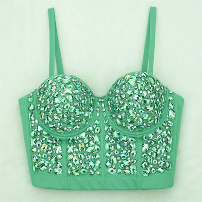 The Stardust Prism Siren – Glitter Crystal Bustier Corset Crop Top