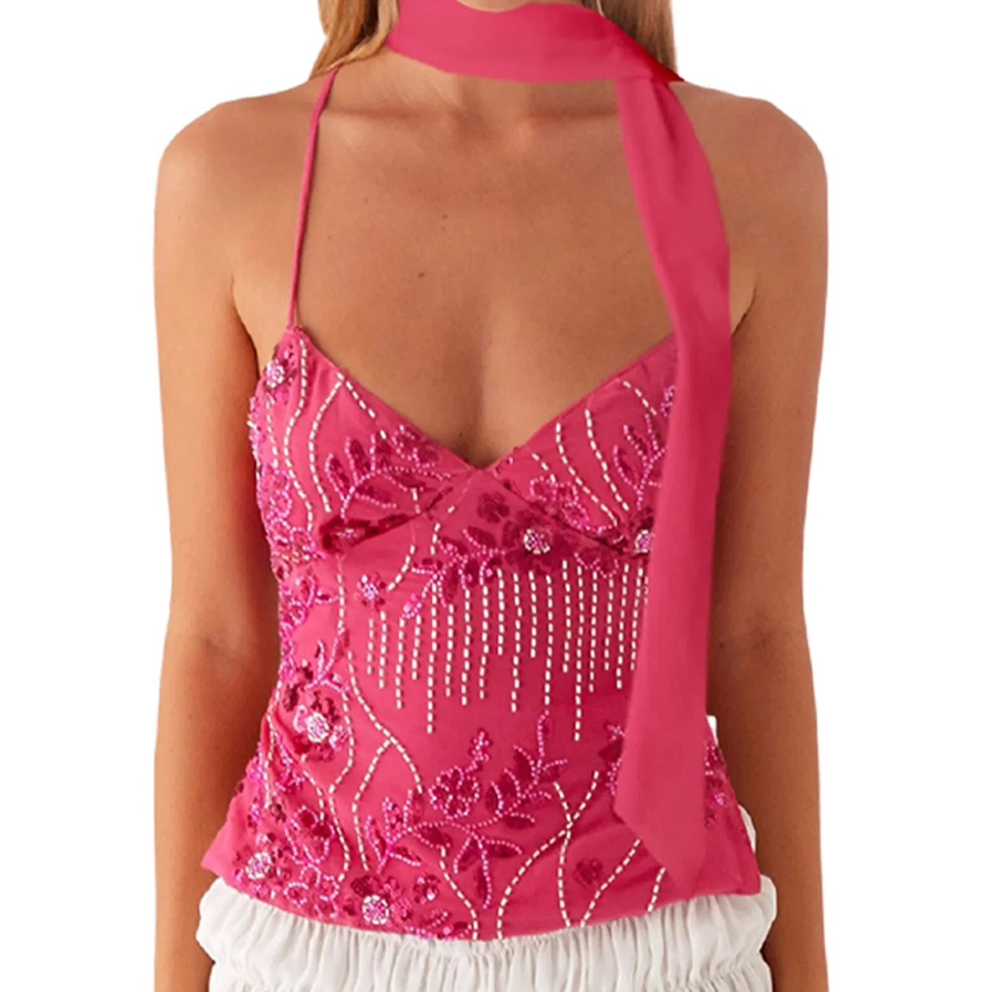 hirigin Sequin Halter Crop Tops for Women Y2k Pearl Embellished Cami Tops Summer Glitter V Neck Rhinestone Camisole Tank Shirt