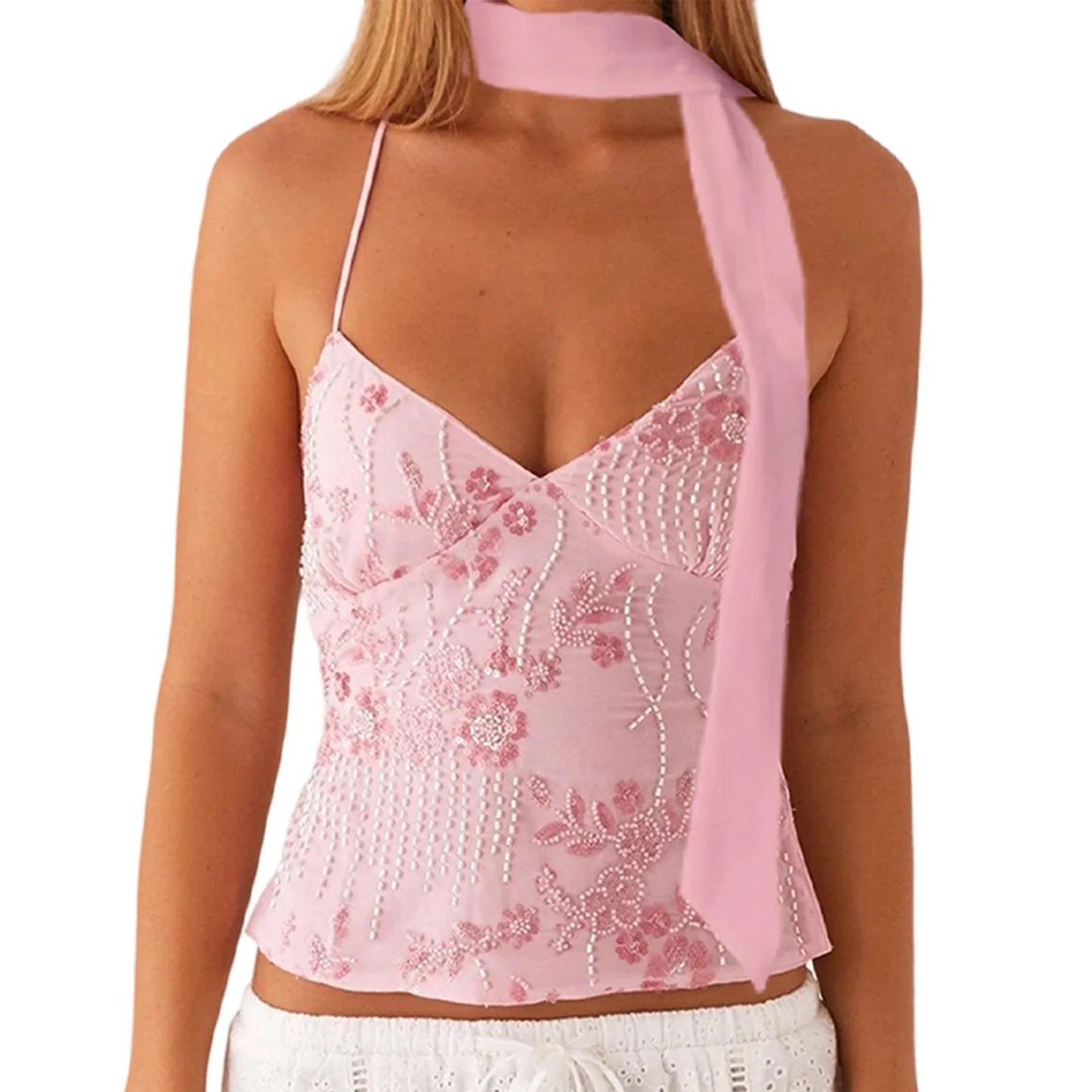 hirigin Sequin Halter Crop Tops for Women Y2k Pearl Embellished Cami Tops Summer Glitter V Neck Rhinestone Camisole Tank Shirt