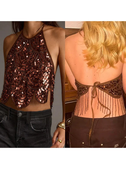 Women Solid Color Halter Top Tie-up Sleeveless Crop Tops Sleeveless Backless Sequined Summer Vest for Club Party