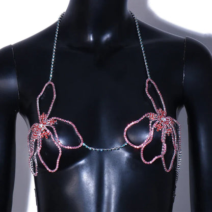 Bohemian Flower Crystal Chest Chain Bra – Luxury Rhinestone Body Harness & Exotic Lingerie for Music Festivals, Raves & Clubwear