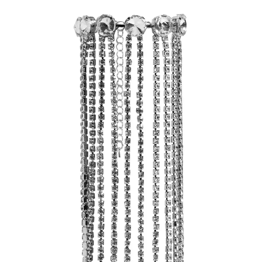 Rhinestone Long Tassel Hand Bracelet – Hollow Geometric Wristband & Cascading Crystal Fringe Cuff for Raves, Festivals & Clubwear