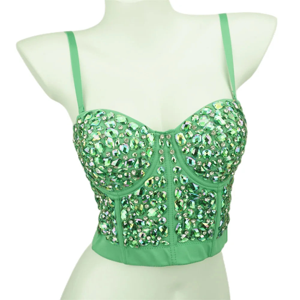 The Stardust Prism Siren – Glitter Crystal Bustier Corset Crop Top