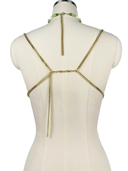 The Stardust Emerald Goddess – Handmade Green Rhinestone & Beaded Tassel Body Chain Halter Top