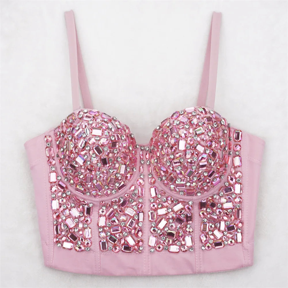 The Stardust Prism Siren – Glitter Crystal Bustier Corset Crop Top