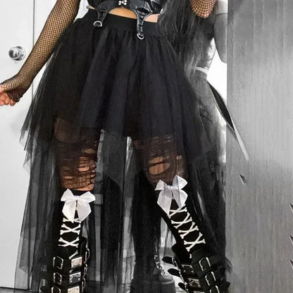 Casual Skirts Punk Sexy Net Yarn High-Waisted Irregular Skirt for Women Summer New European and American Gothic Style Versatile
