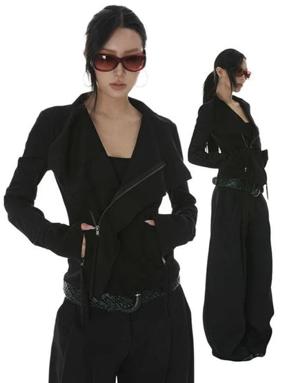 Vintage Turn Down Collar Cropped Jackets Women Harajuku Punk Slim Fit Coat Streetwear Pocket Zipper Y2k Aesthetic Grunge Outwear