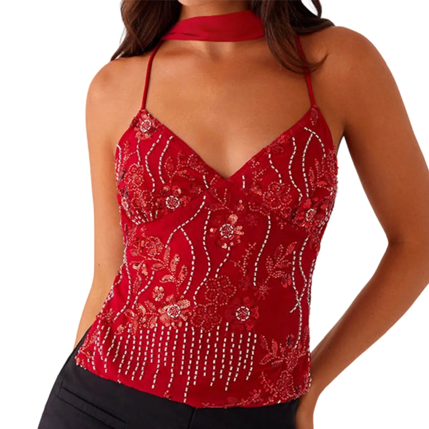 hirigin Sequin Halter Crop Tops for Women Y2k Pearl Embellished Cami Tops Summer Glitter V Neck Rhinestone Camisole Tank Shirt