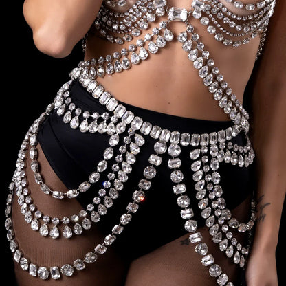 Exaggerated Layered Crystal Body Chain Set – Shimmering Rhinestone Bra Top & Fringe Skirt Set for Raves, Festivals & Exotic Clubwear