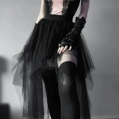 Casual Skirts Punk Sexy Net Yarn High-Waisted Irregular Skirt for Women Summer New European and American Gothic Style Versatile