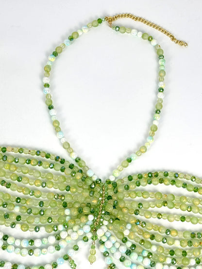 The Stardust Emerald Goddess – Handmade Green Rhinestone & Beaded Tassel Body Chain Halter Top