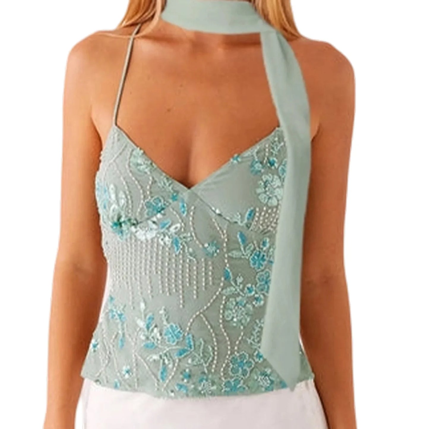 hirigin Sequin Halter Crop Tops for Women Y2k Pearl Embellished Cami Tops Summer Glitter V Neck Rhinestone Camisole Tank Shirt
