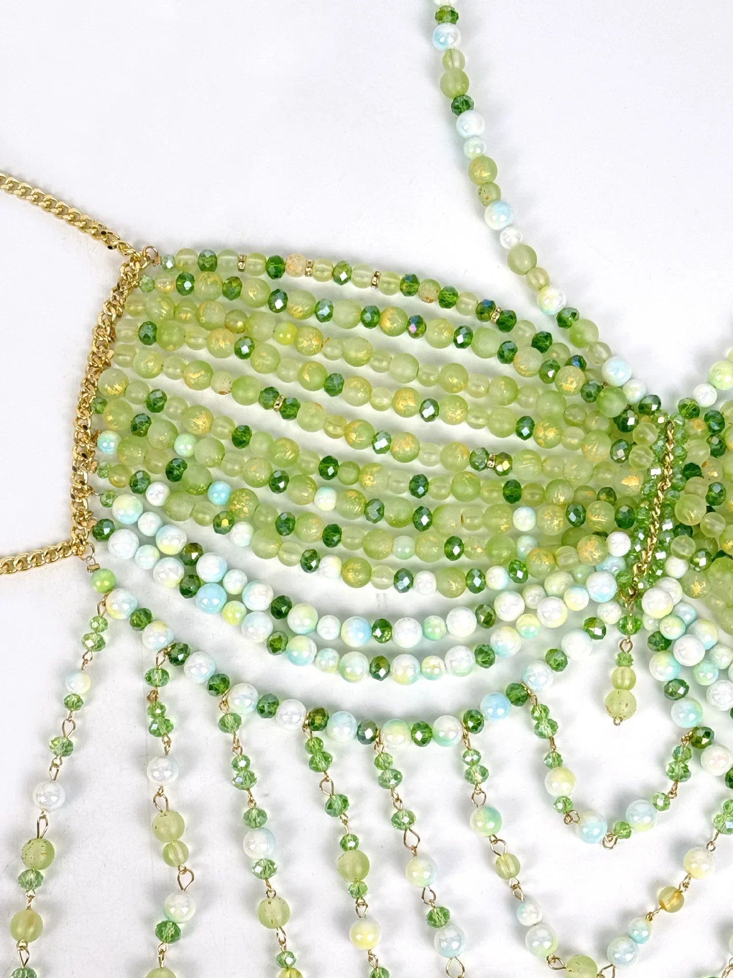 The Stardust Emerald Goddess – Handmade Green Rhinestone & Beaded Tassel Body Chain Halter Top