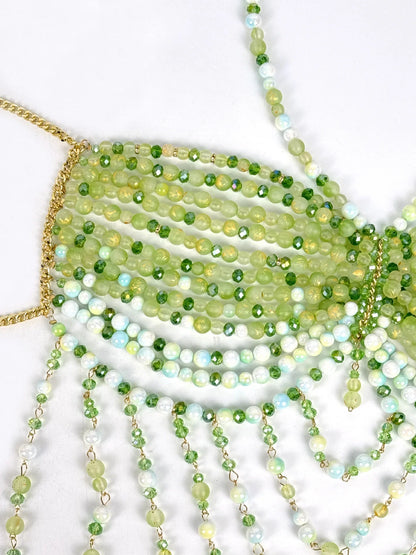 The Stardust Emerald Goddess – Handmade Green Rhinestone & Beaded Tassel Body Chain Halter Top