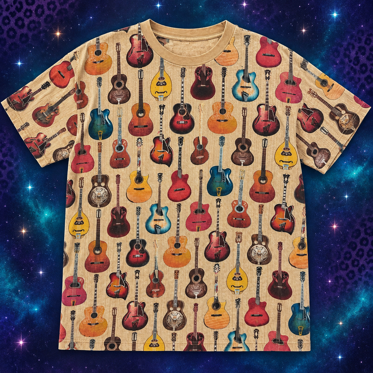 Allover guitar print T-shirt size XL flat lay