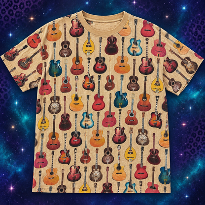 Allover guitar print T-shirt size XL flat lay