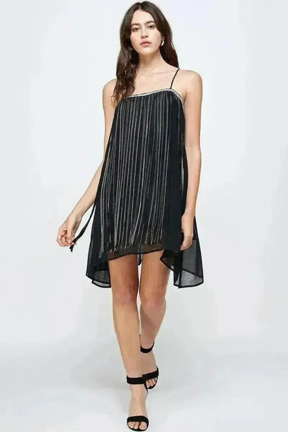 Chiffon A-Line Mini Dress Metallic Fringe - Femstylo