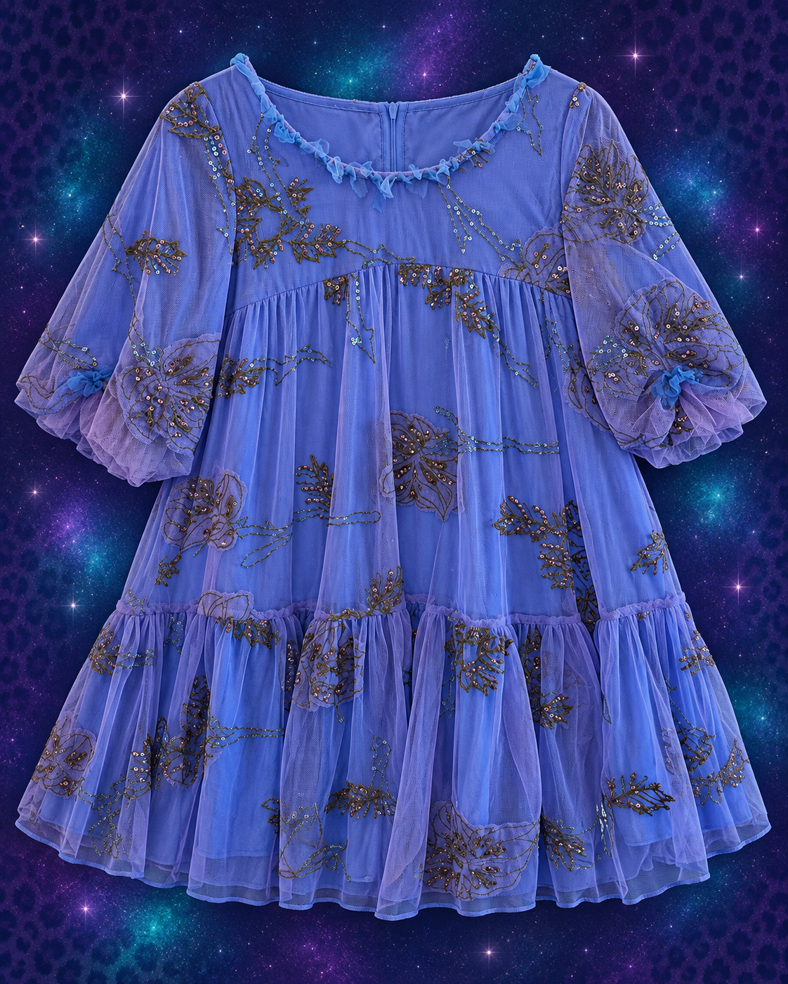 Periwinkle embroidered mesh tiered dress flat lay