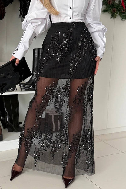 Sequin Mesh Overlay Midi Skirt