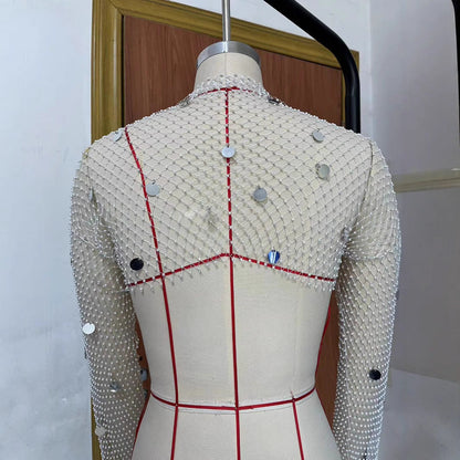 Fishnet Sequin Cardigan Top With Diamond Embellishments
