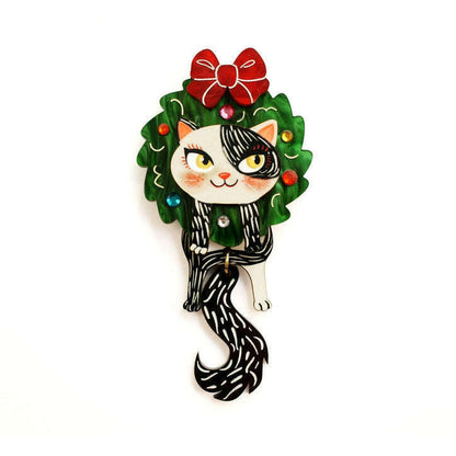 Cat in A Christmas Wreath Brooch by Laliblue