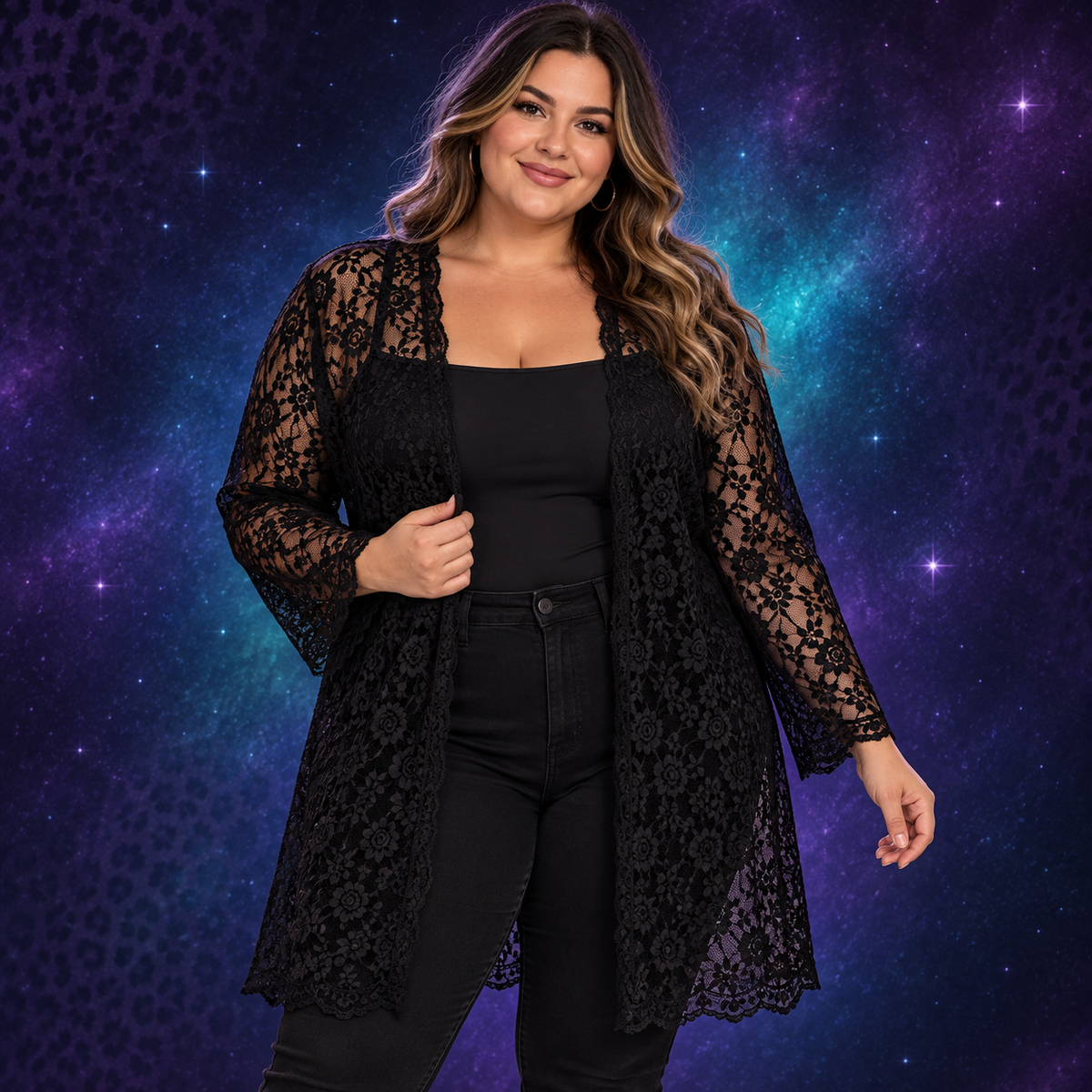 Model wearing Double Take black lace cardigan size 2X