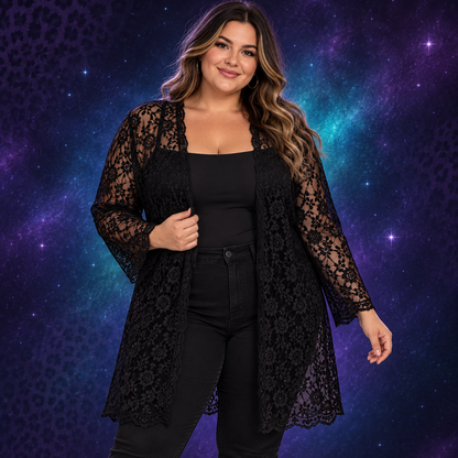 Model wearing Double Take black lace cardigan size 2X