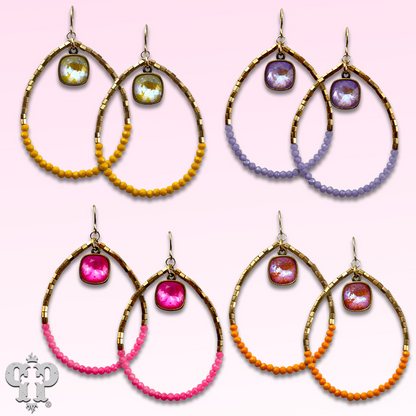 Square and seed bead teardrop earring, Austrian crystal - LC