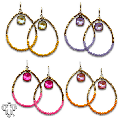 Square and seed bead teardrop earring, Austrian crystal - LC