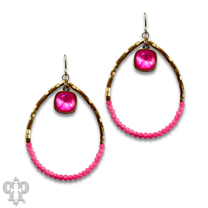 Square and seed bead teardrop earring, Austrian crystal - LC