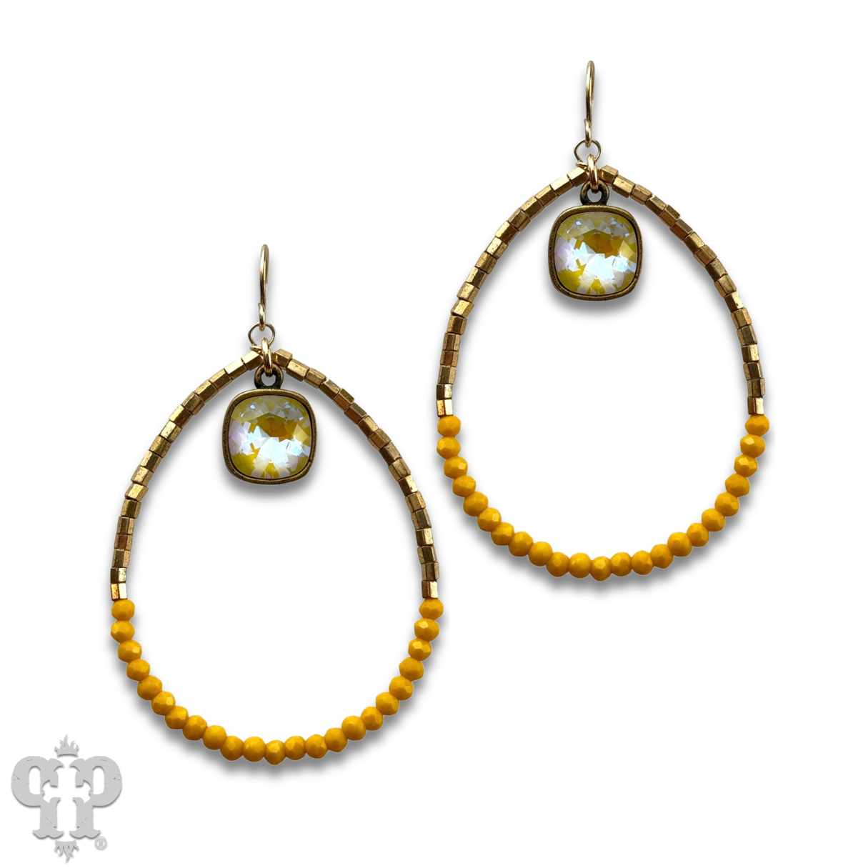 Square and seed bead teardrop earring, Austrian crystal - LC