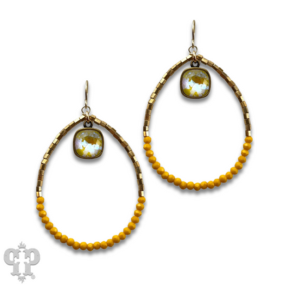Square and seed bead teardrop earring, Austrian crystal - LC