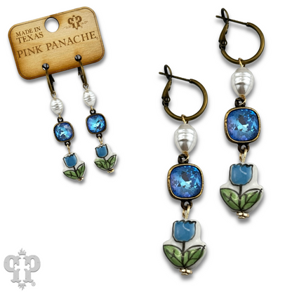 Ceramic flower charm earring with Austrian crystal