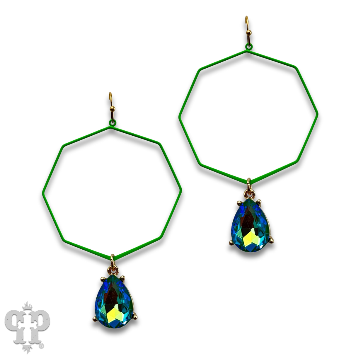Neon octagon earring with rhinestone teardrop charm
